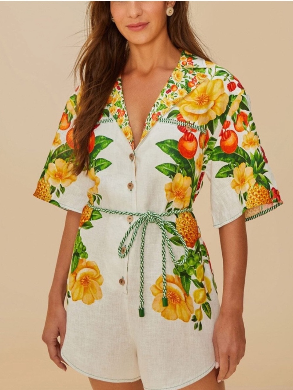FARM RIO OFF WHITE PICNIC FLOWERS
LINEN ROMPER, size large